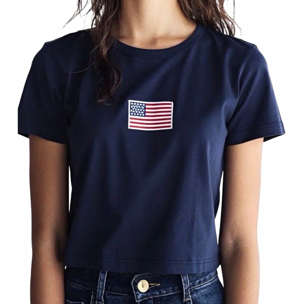 Casual Corner Annex Womens Navy USA Flag Embroidered 100% Cotton Tee M